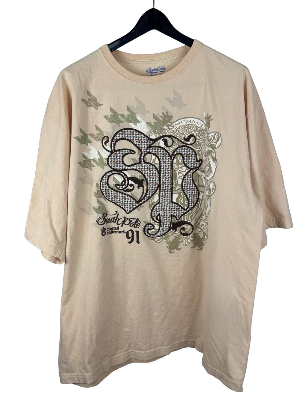 Mens Y2K Southpole Streetwear Grunge Rap Style Beige Graphic Shirt Size XL